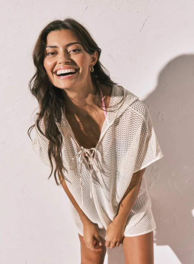 women'secret Beige short hooded mesh effect tunic